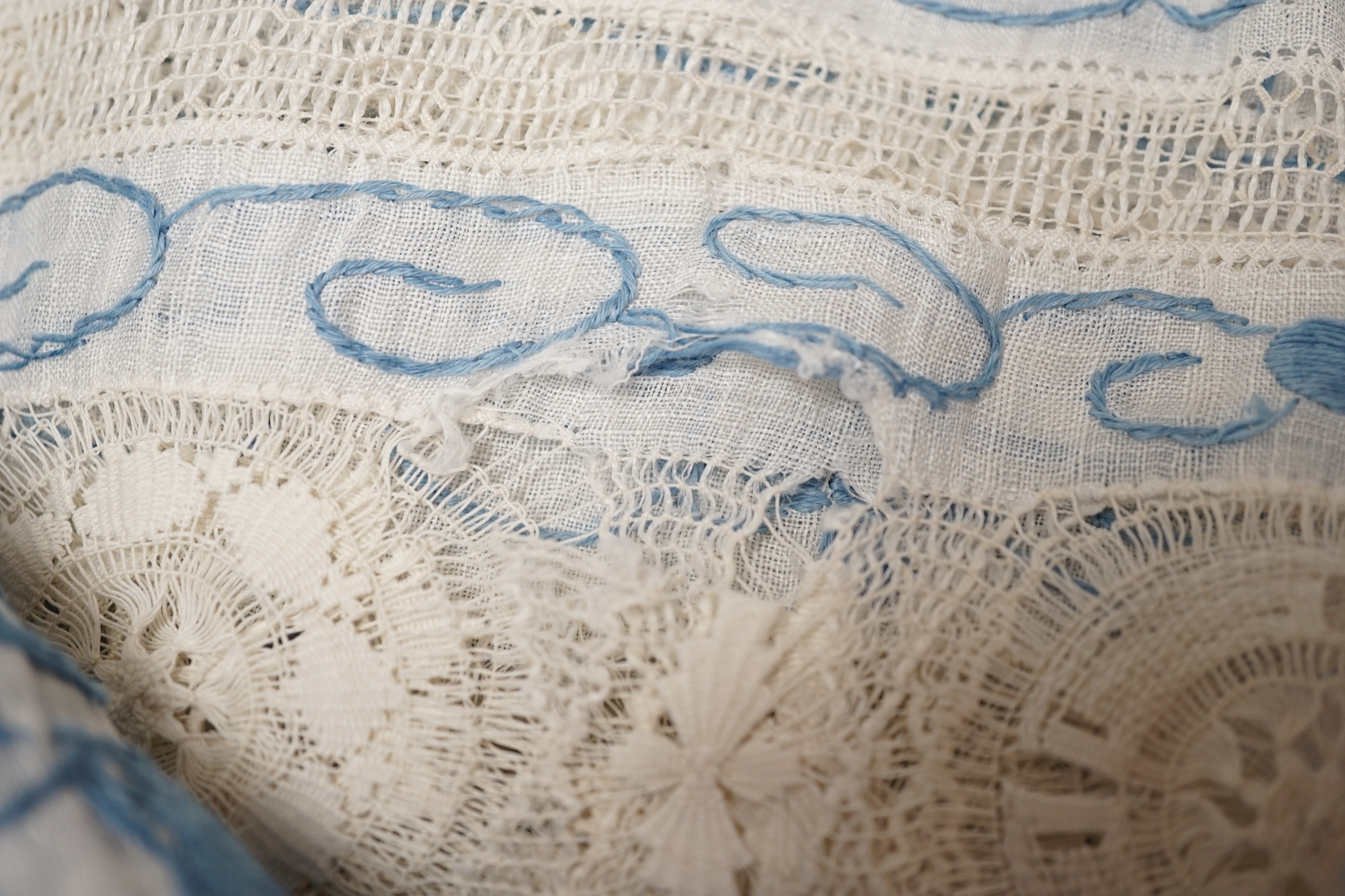 An early 20th century Chinese embroidered linen 'dragon' table cloth